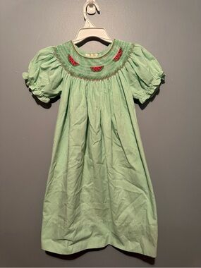 Light Green Smocked Girls Casual Dress with Watermelon Motif